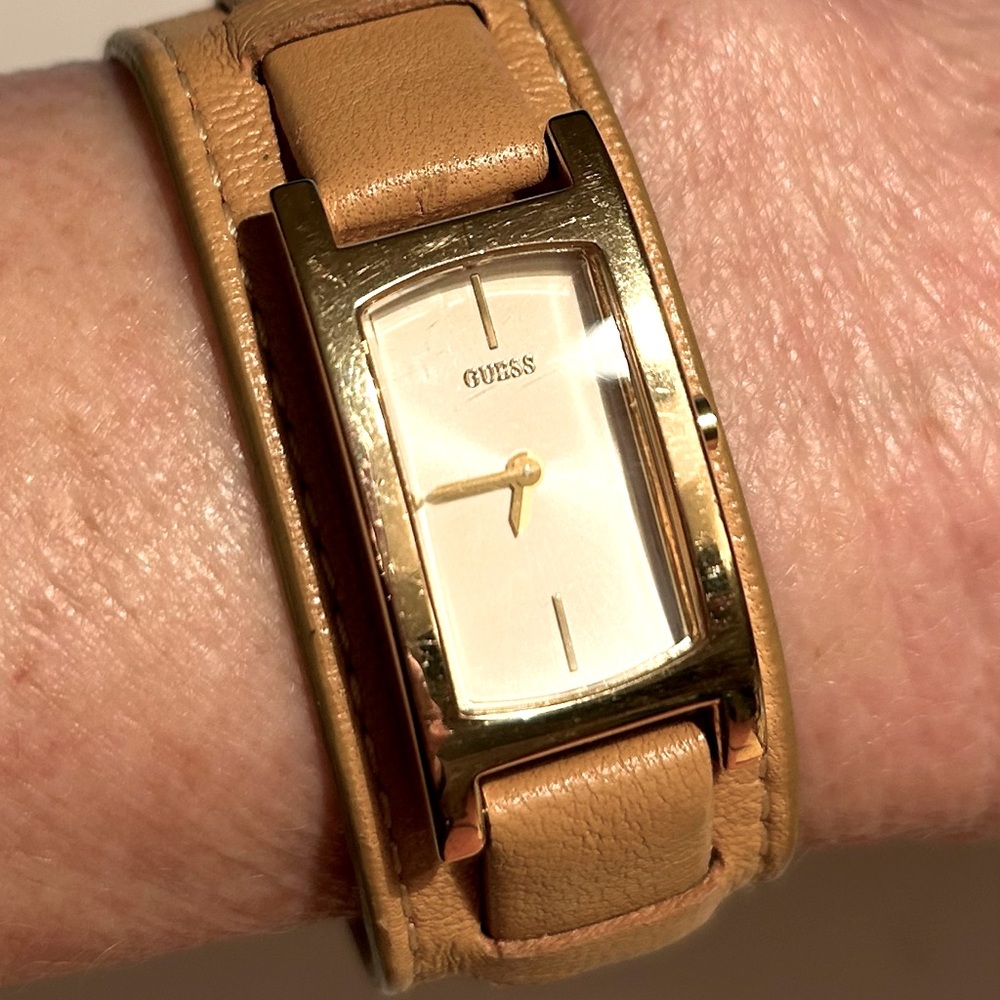 Tank Watch. GUESS Gold tone tank watch with leather band SUPER FAST SHIP…